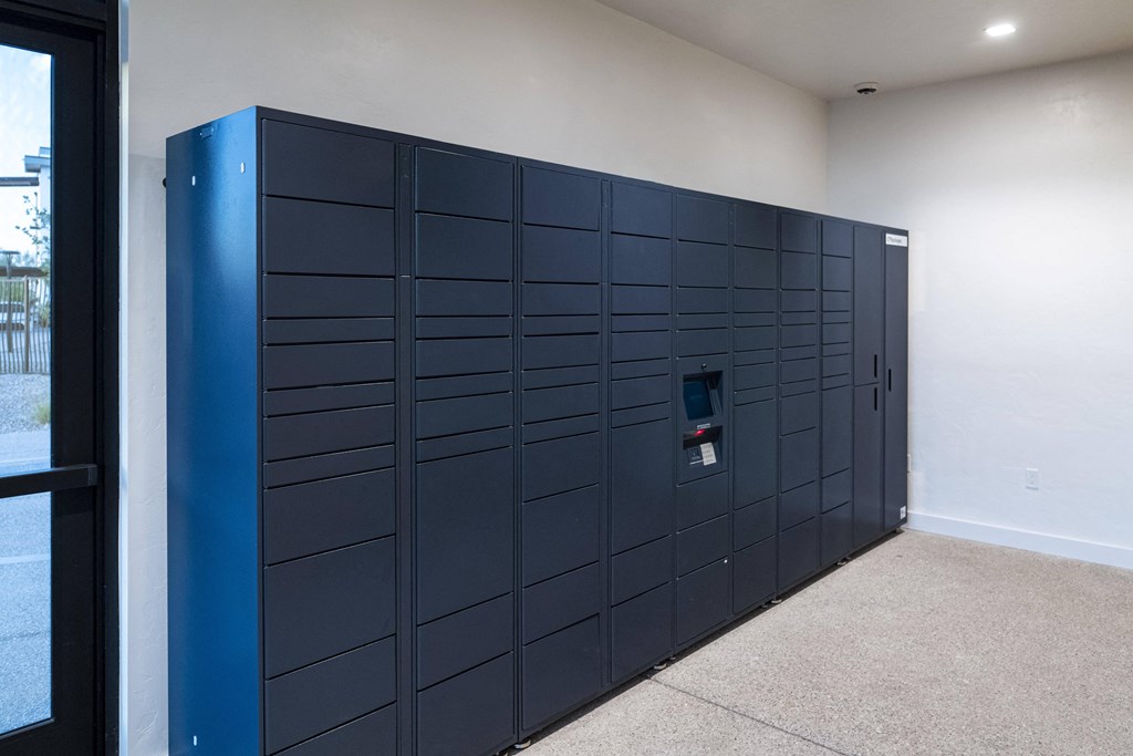 a large set of blue lockers in a room