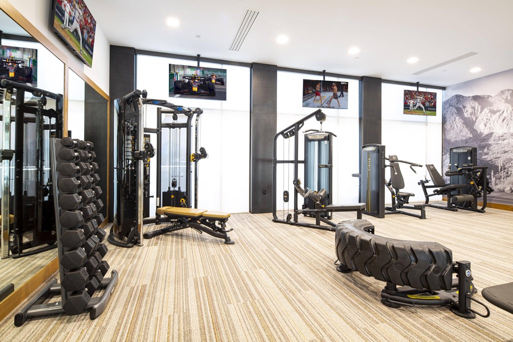 a gym with weights and cardio equipment on the floor and a wall of windows