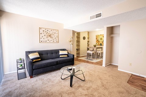 A living room with a grey couch and a coffee table.