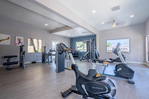 A gym with a variety of equipment including a treadmill, a stationary bike, and a weight bench.