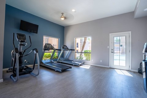 A spacious gym with treadmills, elliptical machines, and a flat-screen TV.