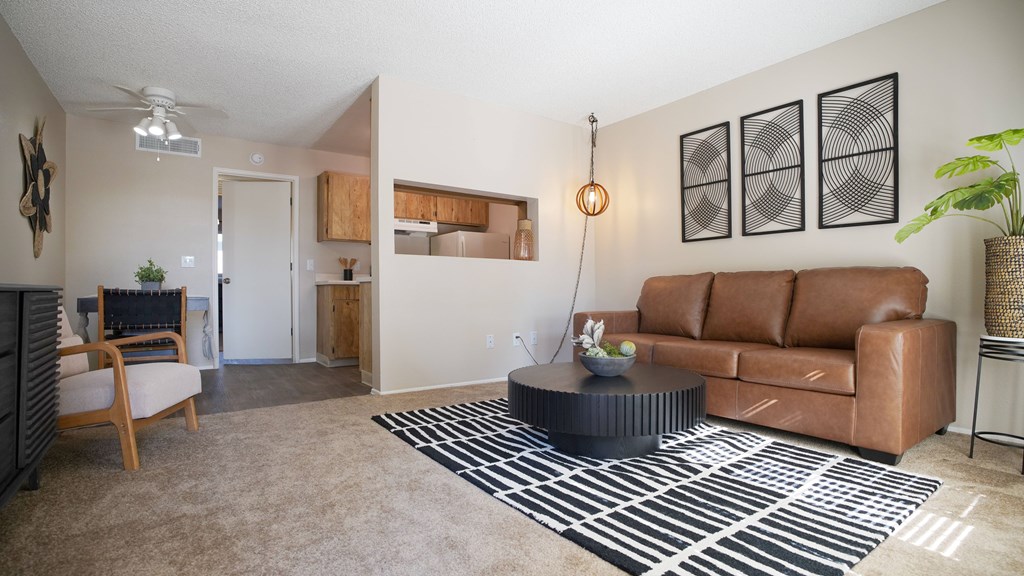 A living room with a brown couch and a black and white rug.