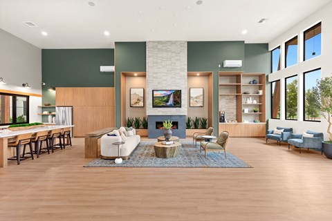 A modern living room with a fireplace and a dining table.