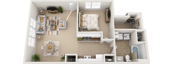 the view from above of a 1 bedroom floor plan with a bathroom and living room