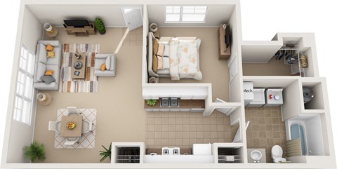 the view from above of a 1 bedroom floor plan with a bathroom and living room