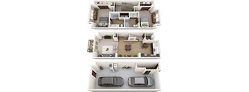 3d rendering of the top view of the house with cars