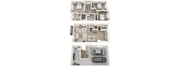 three dimensional floor plan of a house with a car in the garage