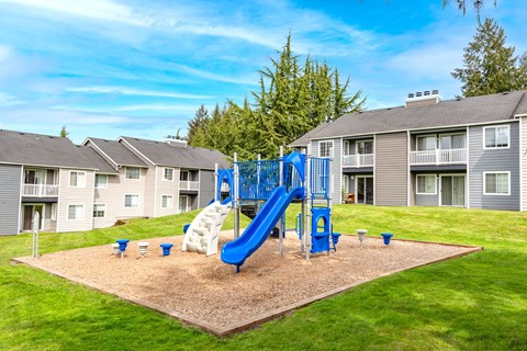 A playground with a blue slide and white slide in the middle of a sandy area.
