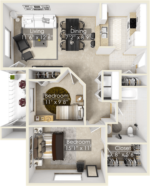 a floor plan of a two bedroom apartment with a bathroom and a balcony