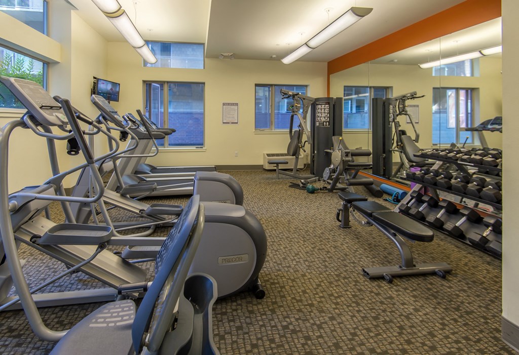 a gym with cardio equipment and weights in a building with windows