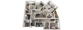 this is a 3d floor plan of a 849 square foot 1 bedroom apartment at the