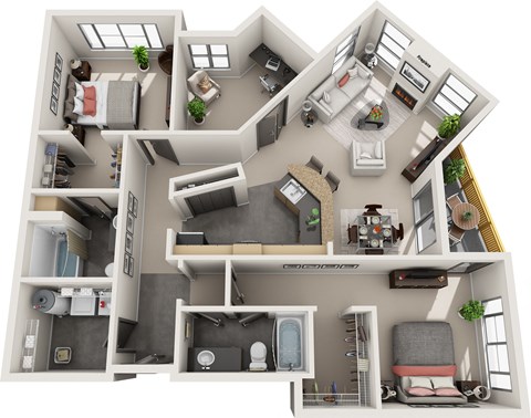 this is a 3d floor plan of a 849 square foot 1 bedroom apartment at the
