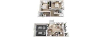two images of a house and a floor plan with two different layouts