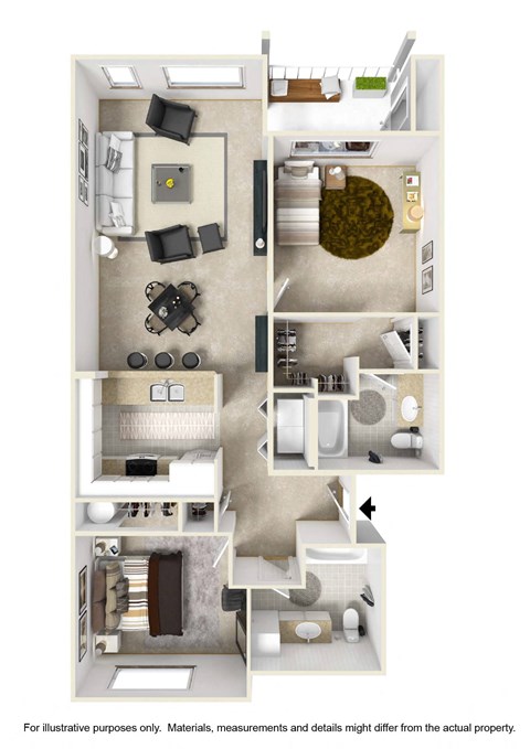 a stylized floor plan of a studio apartment