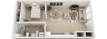 a rendering of the living room and bedroom of a 1 bedroom apartment