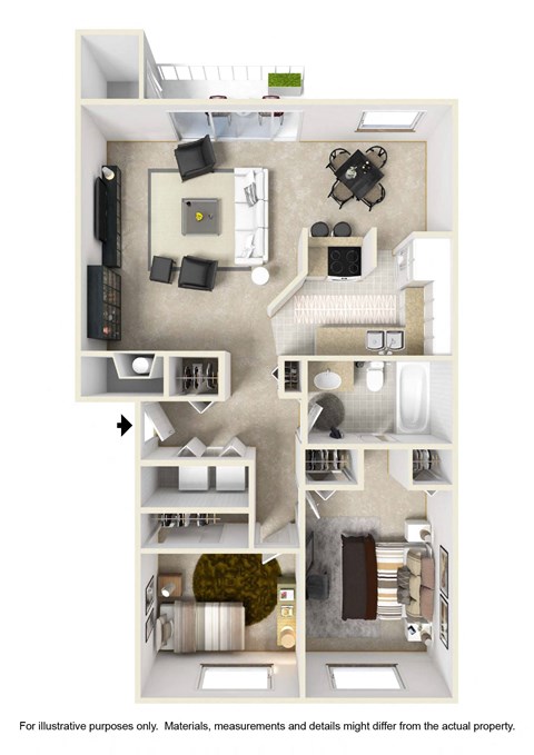 a stylized floor plan of a 1 bedroom apartment