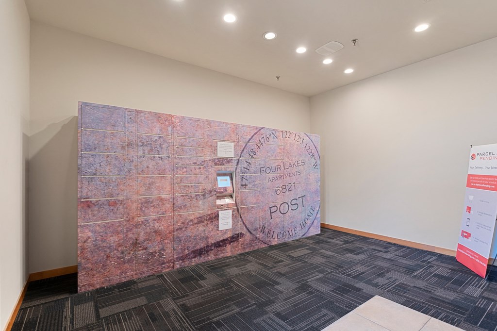 a large wall installation in a room with a large sign on it