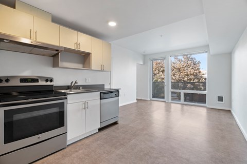 a kitchen with white cabinets and stainless steel appliances and a window