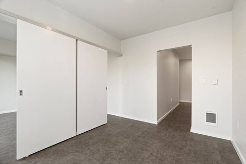 a bedroom with white walls and carpet and a closet