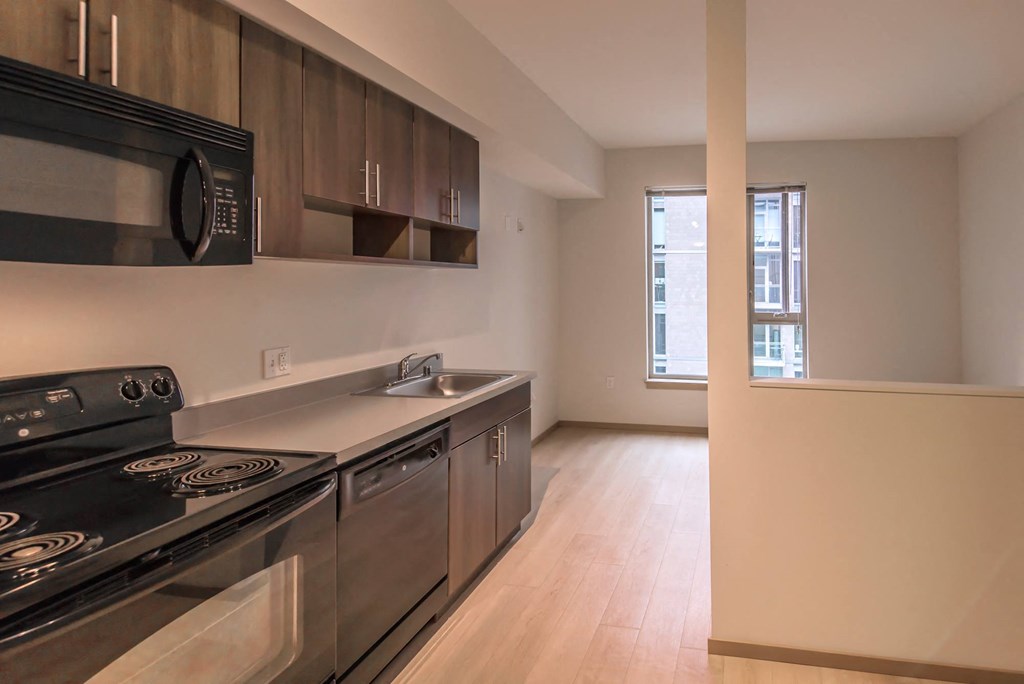 a kitchen with stainless steel appliances and a window