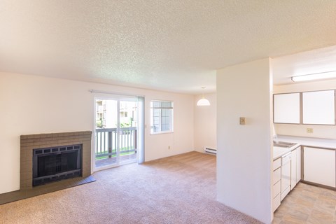 A living room with a fireplace and a kitchen area.