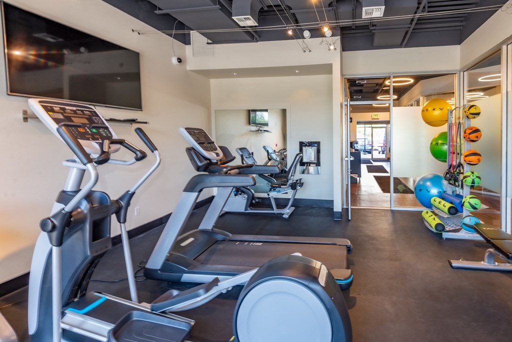 a gym with treadmills and other exercise equipment and a tv