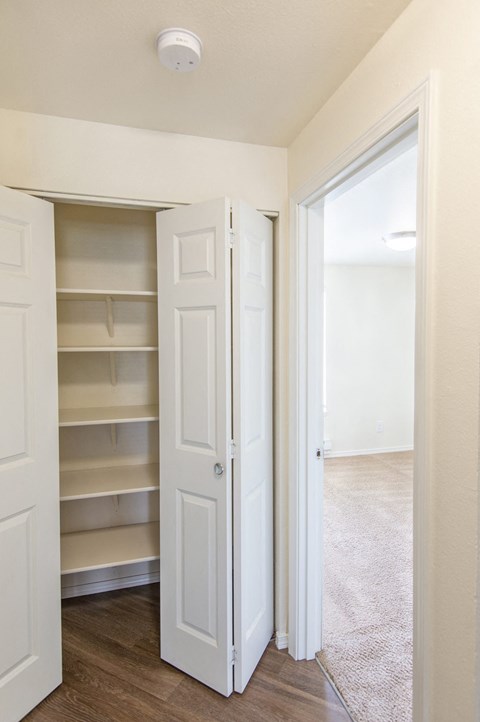 a bedroom with a closet with shelves and a white door