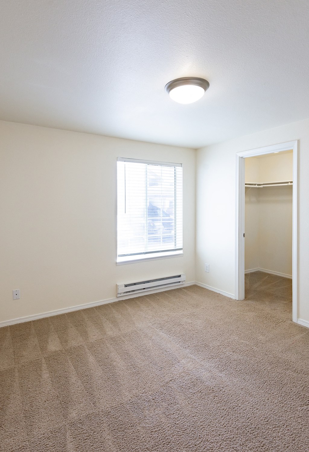 a bedroom with a large window and carpeted flooring