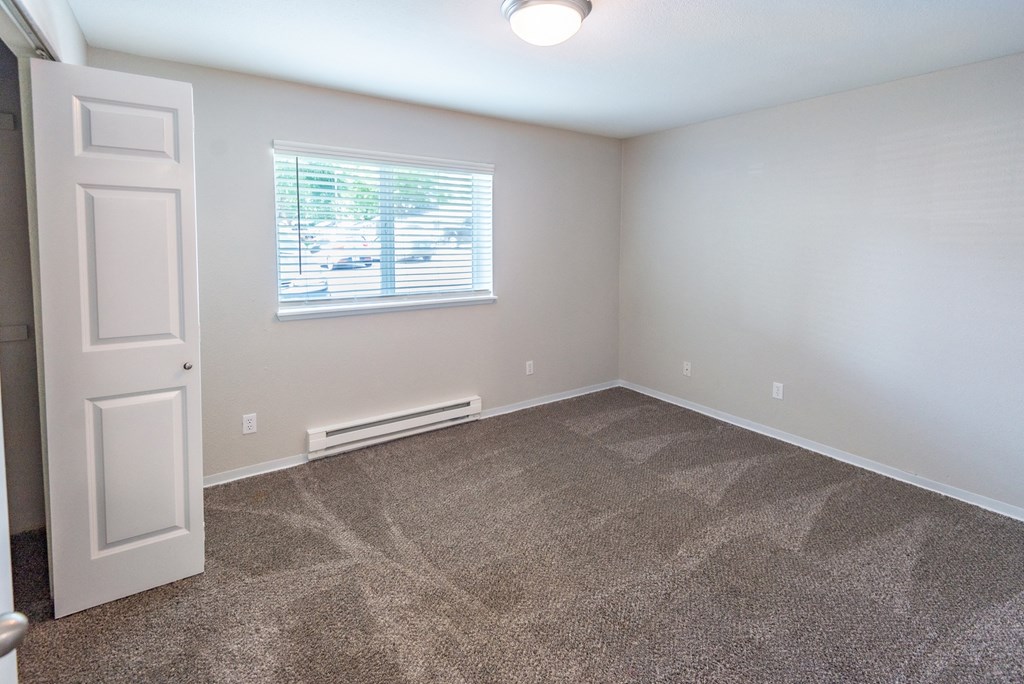a bedroom with carpet and a window