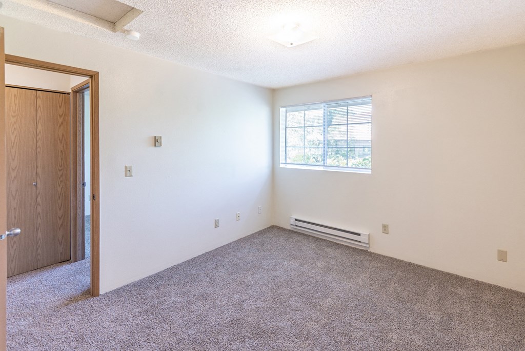 a bedroom with carpet and a window