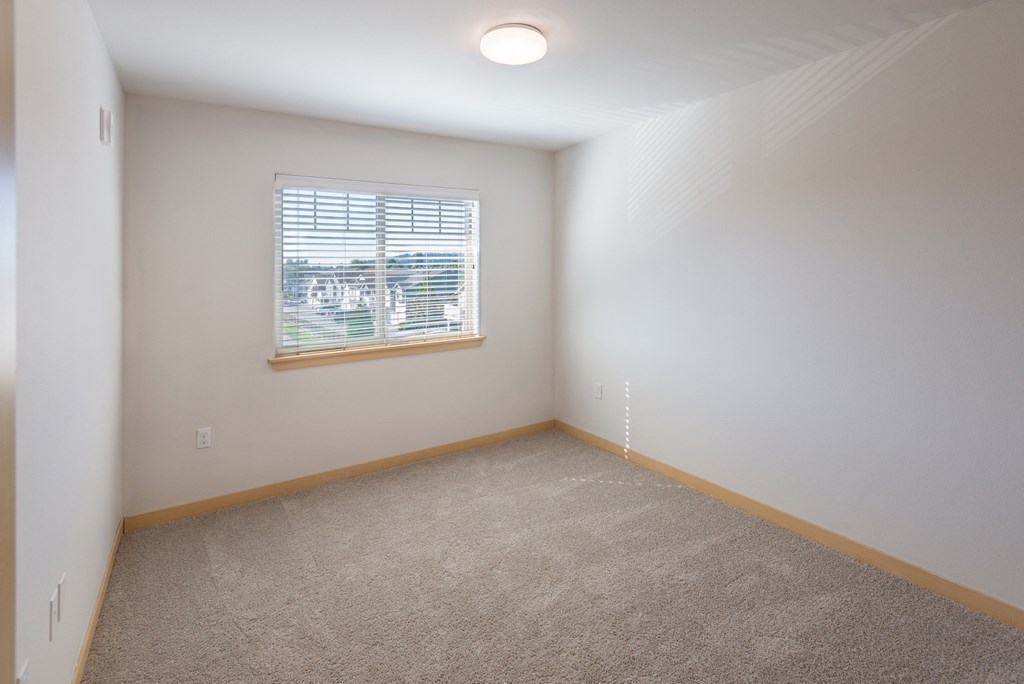 an empty bedroom with a window and carpet