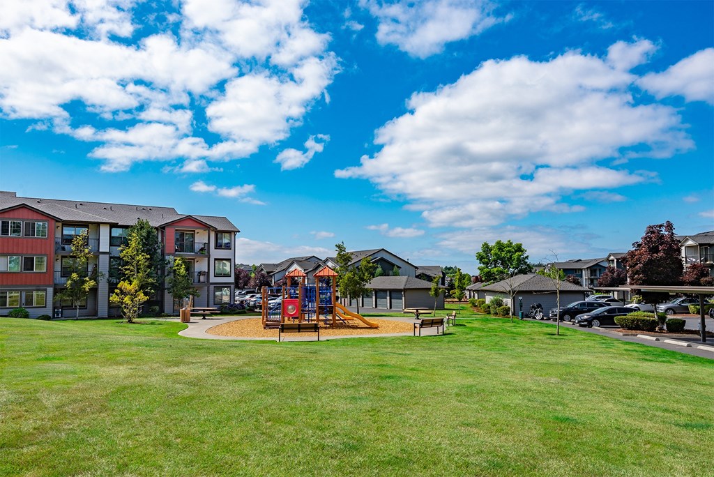 the preserve at ballantyne commons park with playground and apartment buildings
