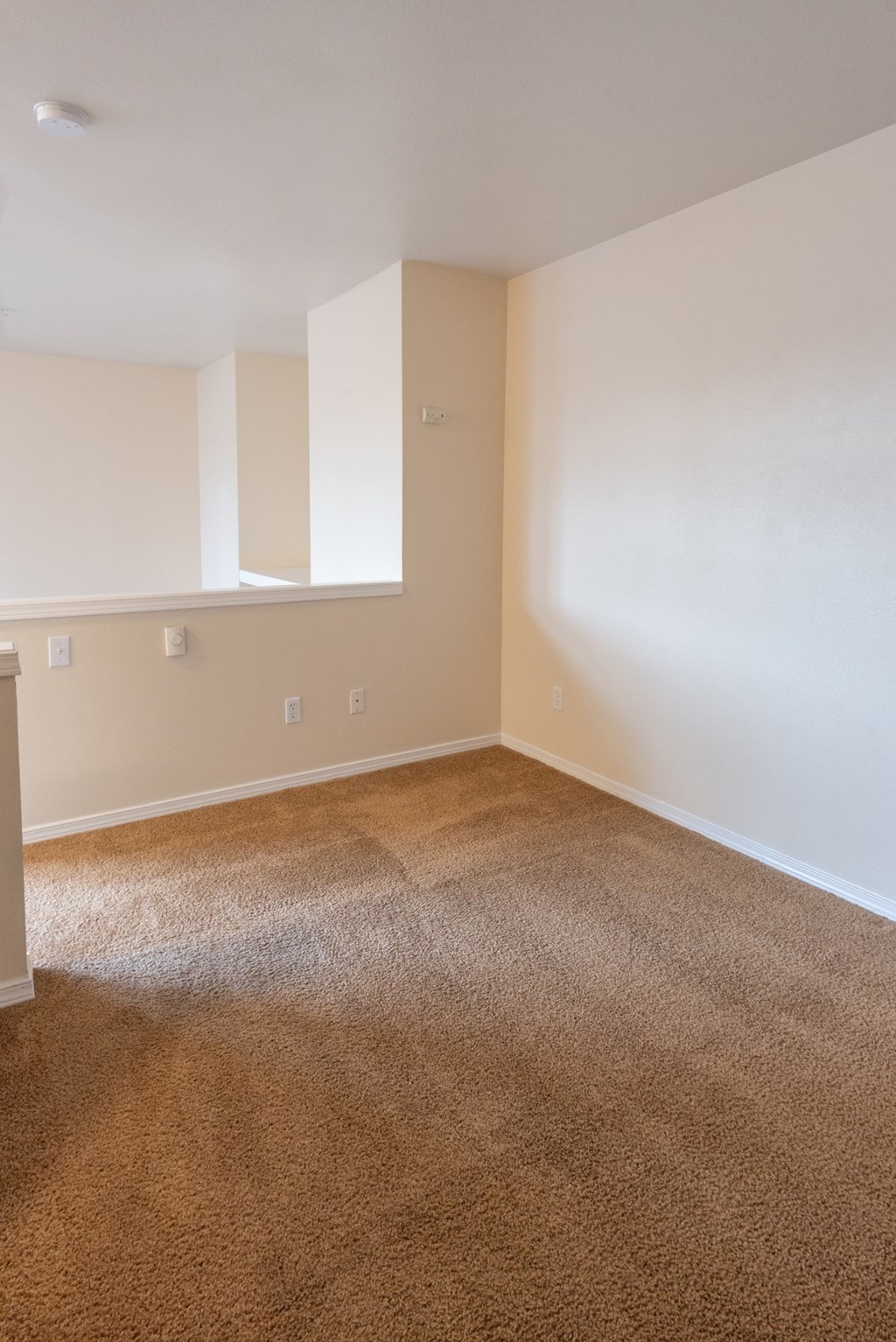 A room with brown carpet and white walls.