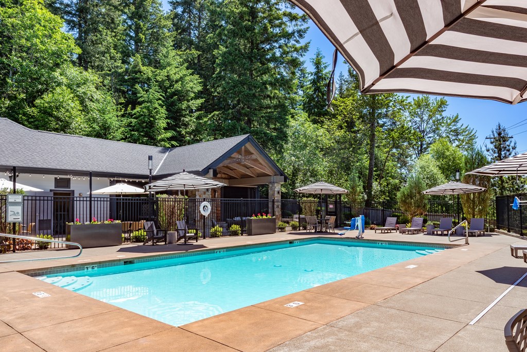 A large outdoor swimming pool surrounded by trees and a covered seating area.