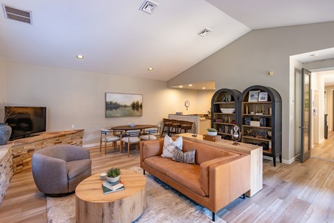 A living room with a brown couch, a grey armchair, a wooden coffee table and a bookshelf.