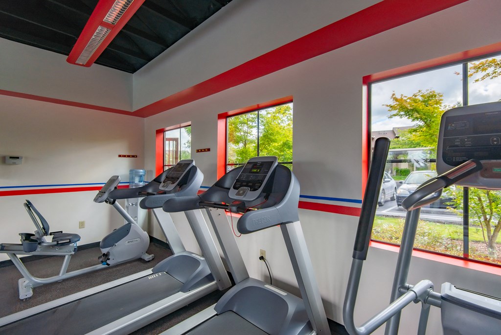 a gym with cardio equipment and windows at the enclave at woodbury
