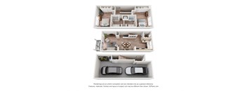 A 3D floor plan of a house with two bedrooms, a living room, a kitchen, and a garage.