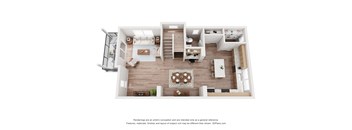 A 3D floor plan of a house with a kitchen, living room, and dining area.