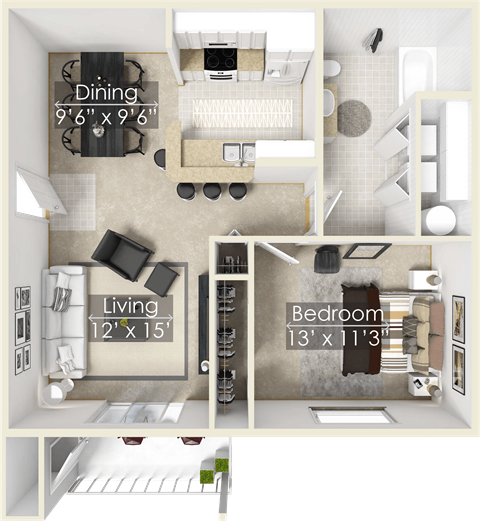 a floor plan of a studio apartment with a bedroom and a living room