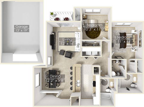 a floor plan of a two bedroom apartment with two bathrooms and a balcony