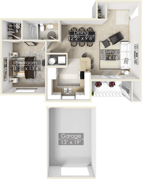 a floor plan for a garage apartment with a bedroom and a bathroom