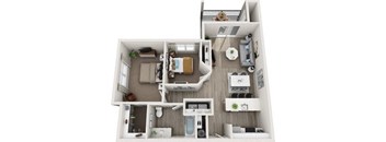 A top-down view of a small apartment with a kitchen, living room, and bedroom.