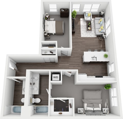 a 2 bedroom floor plan with a bathroom and a living room