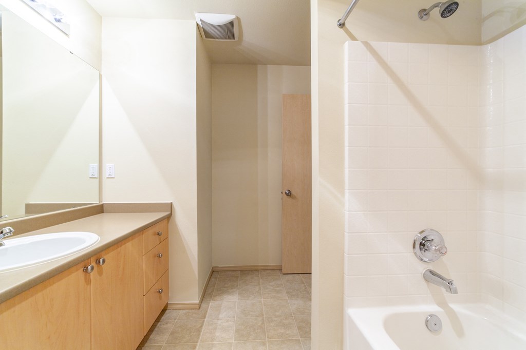 a bathroom with a shower and a sink and a mirror