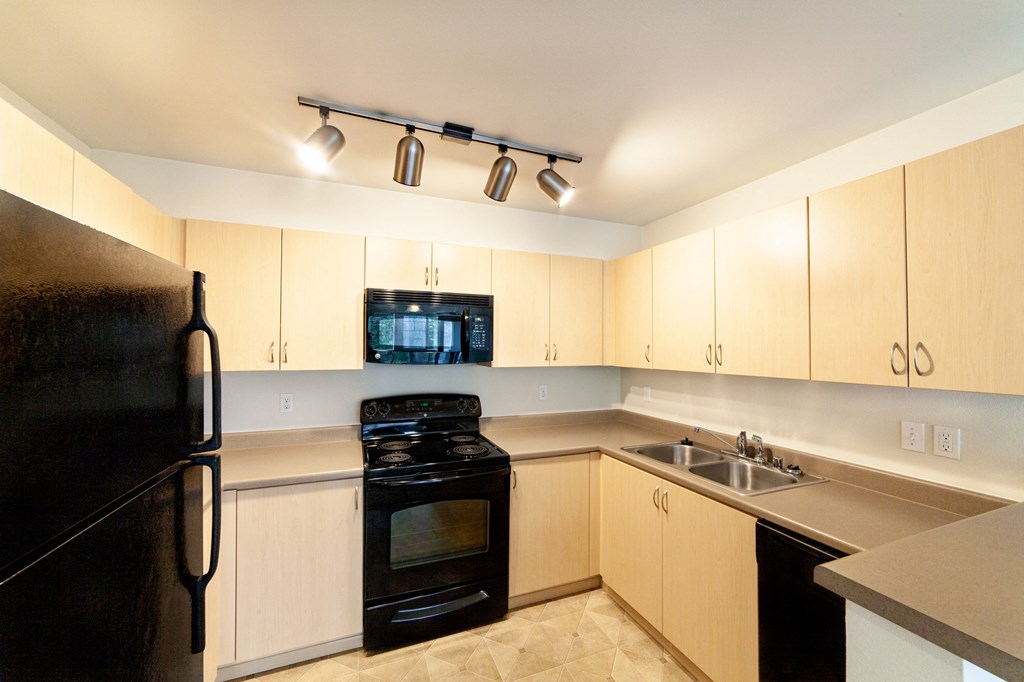 a kitchen with white cabinets and black appliances