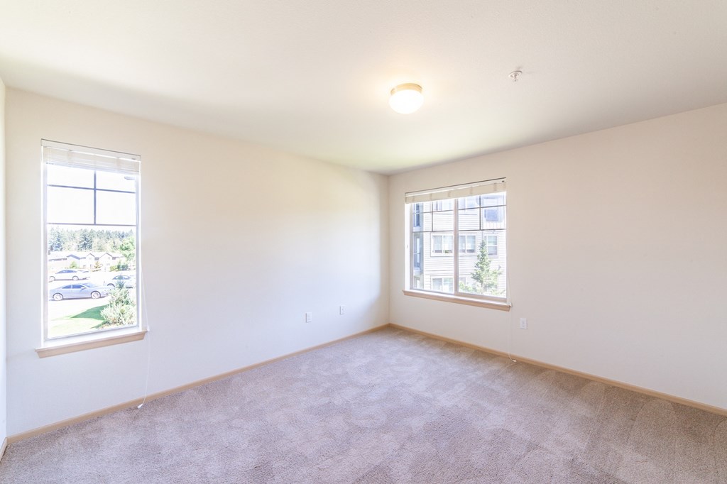 a bedroom with two windows and a carpeted floor