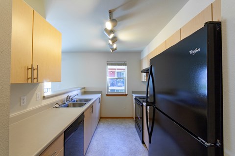 the preserve at ballantyne commons apartment kitchen with black refrigerator and sink