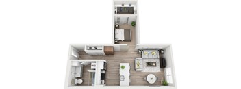 a 2 bedroom floor plan with a bathroom and a living room