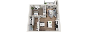 A top-down view of a small apartment with a kitchen, living room, and bathroom.