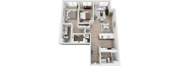 a stylized floor plan with a bedroom and a living room